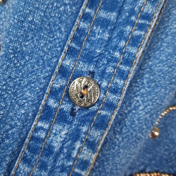 VTG 80s Pretty Bleu Stonewash Cotton Denim Gold Beaded Gems Short Sleeve Shirt S - Picture 8 of 12